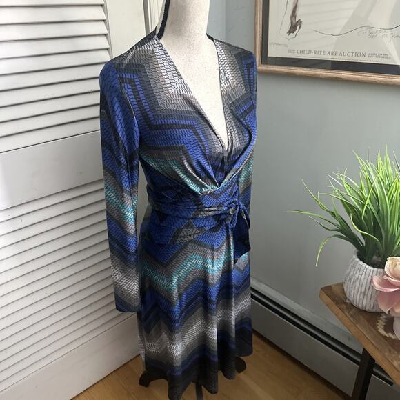 Vintage CACHE Dress Womens Small Blue Wrap Jersey Stretch Retro Y2K Cocktail - Picture 3 of 9